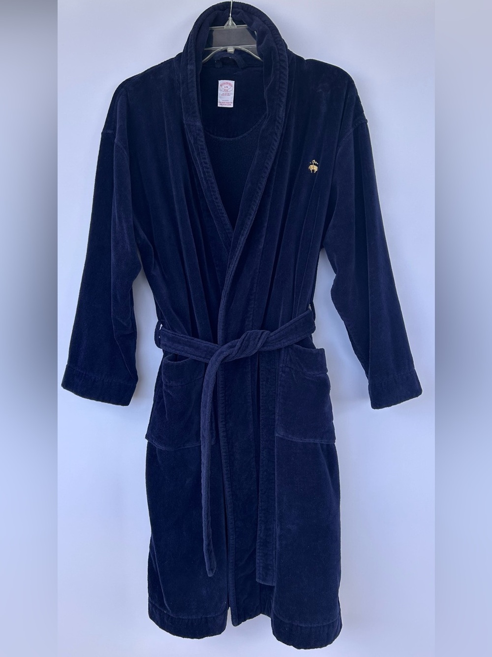 Brooks Brothers Men’s Navy Velour Bathrobe Self Tie Pockets Size S/M